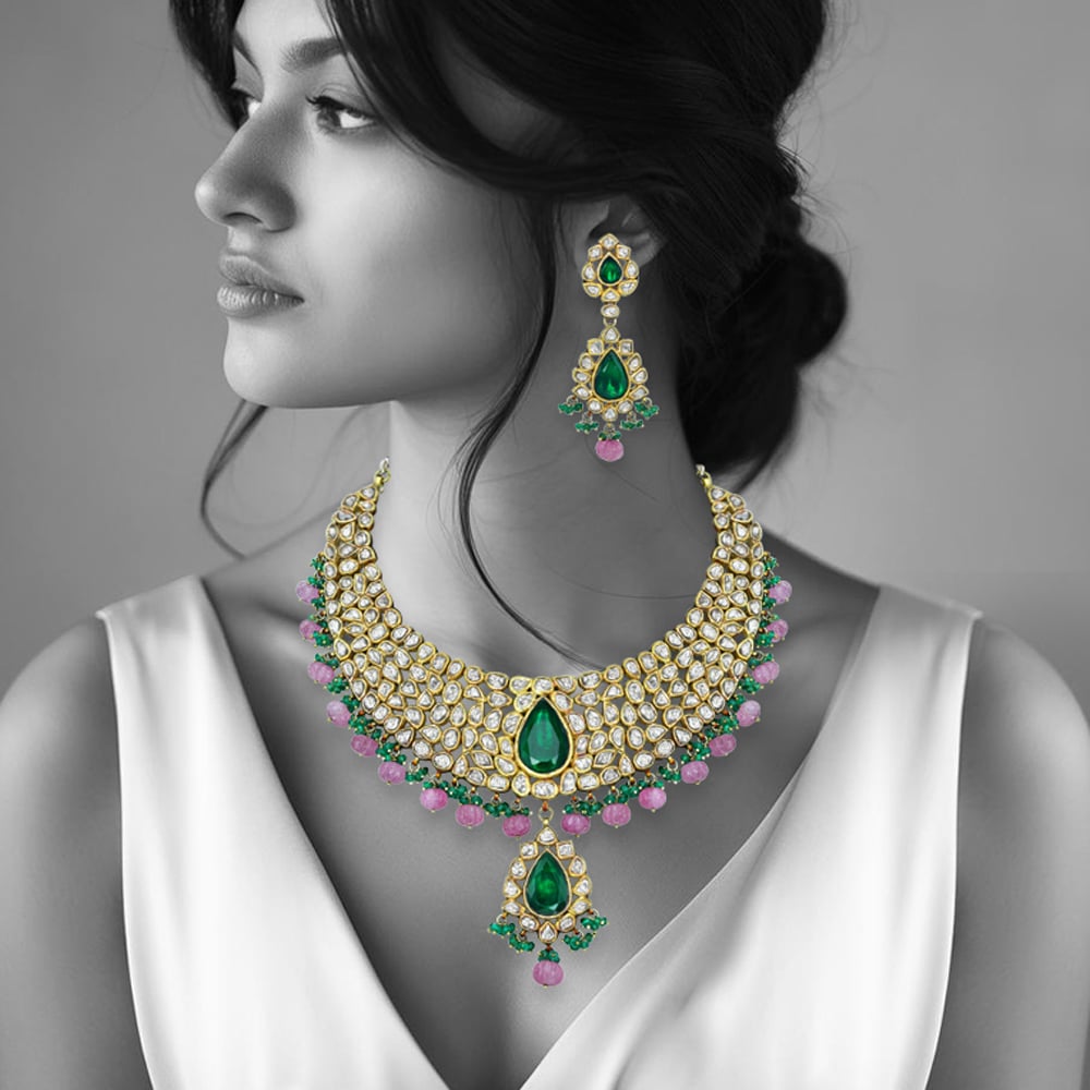 Polki Diamond Necklace Set with Green Stone and Pink Beads